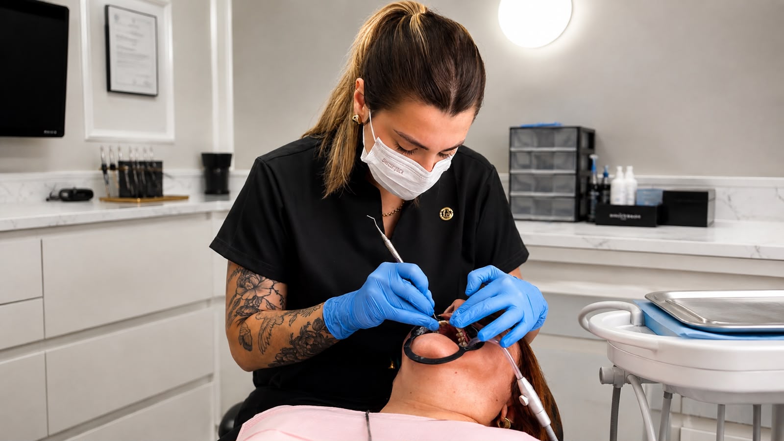 Dra. Carolina Kede realizando procedimento odontológico