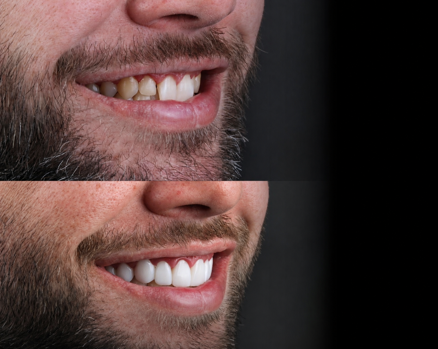 Antes e depois de lentes de contato dental e restaurações em resina